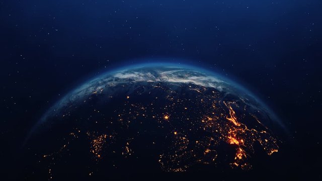 Close-up view of Blue Earth from Space at night and day Lights on Planet Loop Animation. Beautiful sunrise day Galaxy, nebula and Earth, cosmos, moon, atmosphere realistic 3D rendering