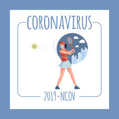 Coronavirus Ncov-2019 flyer template. Tennis player in face mask fighting Covid-19 cells with tennis racket.