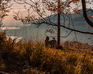 Sunset view from Monte Barro,Relaxing on top of a small mountain with lake and clouds Oct-27-2019