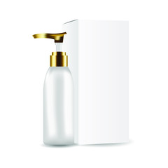 cosmetic bottles with pump isolated on white background. Anti aging serum for men skin ads poster template. Cosmetics product. Cosmetic packaging mockup design. Vector illustration