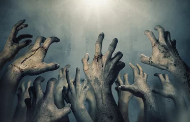 Fotobehang Zombie hands rising in dark Halloween night. © chaiyapruek