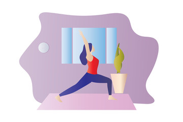 Girl doing exercise at home in a living room on a yoga mat. Sporty female model exercising, yoga at home. Keep calm during quarantine concept vector illustration