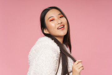 Naklejka premium Beautiful woman lifestyle smile charm studio Model luxury