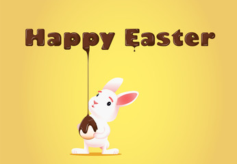happy easter bunny with eggs. Cute white Easter Bunny holds an egg gently. Melted chocolate flows onto egg. Chocolate drops. Vector