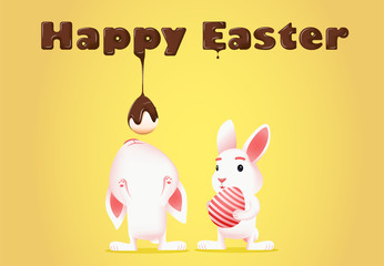 happy easter card with bunny. Cute white Easter Bunny holds an egg gently. Rabbit stretched out in attempt to reach chocolate letters with his mouth. Melted chocolate flows onto egg. Chocolate drops. 