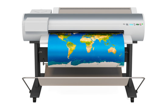 Wide Format Printer, plotter with map of world. 3D rendering