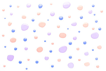 Background with colorful nail polish drops on white, fashion and beauty concept. Nail polish palette in trendy colors, top view