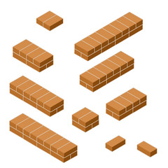 Set of red brick fence in isometric view. Material for renovation of house and curb of road. Construction of buildings. Low barrier and fence