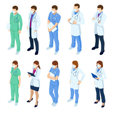 Isometric Set of doctors and nurses characters in white medical face mask. Coronavirus 2019-nCoV. Various male and female medicine workers.