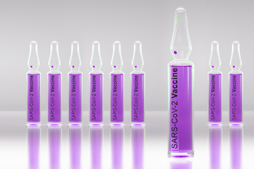 Coronavirus Covid -19 vaccine ampule. SARS-CoV-2. Vaccine batch purple 3d rendering © Kirill