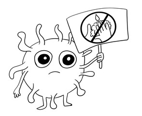 black and white illustration coloring book in the form of a cartoon virus against washing hands isolated on a white background, monster Halloween for postcards, prints, decor, fabric style of Doodle