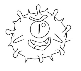 black and white illustration coloring cute round dangerous virus, cartoon style with one  eye with a smile isolated on a white background, monster Halloween for postcards, prints, decor, design  so on