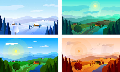 Vector set of seasons illustrations. Spring, summer, autumn, winter landscapes.