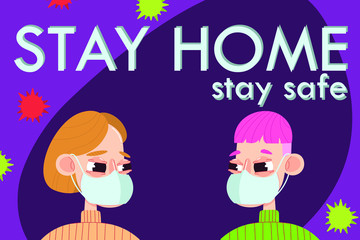 Several of people wearing medical masks banner. Slogan "stay home, stay safe". Preventive measures, human protection from pneumonia outbreak and coronavirus epidemic, virus spread. Vector illustration