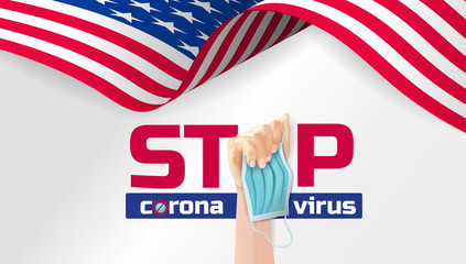 Stop covid-19. Stop corona virus. Protest with raised arm fist to stop Covid's disease. Cheers for doctors fighting COVID-19 disease in United States. Covid-19 protection.Hand holding Stethoscope.