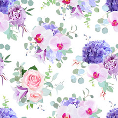 Seamless vector design pattern from rose, orchid, carnation, hydrangea