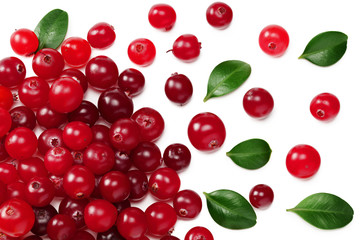 Cranberry with green leaves isolated on white background. top view
