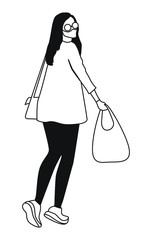 Vector outline girl in face mask and glasses goes from the shop. Flat design style illustration. Quarantine life style. Coronavirus protective measures.