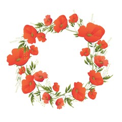 
Red poppies. Poppy wreath. Wildflowers. Summer is coming. Vector illustration in flat style. Set of floral elements for design and decoration.