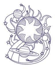 Fantastic space landscape with planets of solar system and stars. Page of coloring book. Vector illustration isolated on white background.