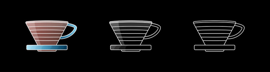 Pour over coffee maker dripper icon. Vector illustration. White line on black background