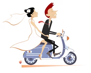 Foto op Plexiglas Heteroseksueel getrouwd bruidspaar rijdt op de scooterillustratie. Gelukkig man en vrouw in de witte jurk en bruids gaat trouwen op de scooter geïsoleerd op wit © bigmen