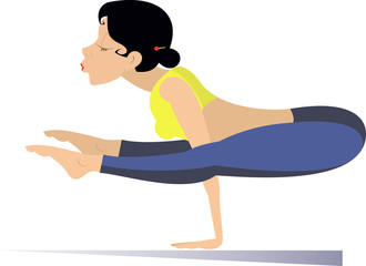 Fototapeta premium Young woman does sport or yoga exercise illustration. Young woman with lithe figure doing sport or yoga exercise isolated on white 