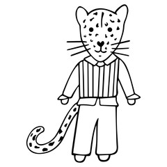 A hand-drawn black and white leopard dressed in trousers, a striped yolk and a shirt. Children's doodle Vector.