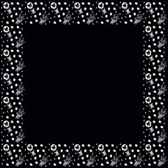 A square frame of white contour tiger cubs and lion cubs, a blot in the form of flowers and rhombuses drawn by hand on a black background. Template with place for text. Scandinavian style. Vector.