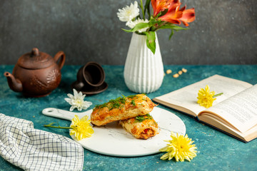 stuffed pastry with chicken tomato and pepper