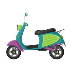 Moped in flat style. Urban transport. A means of transportation around the city, for the delivery of food and goods, for traveling and driving to work. Color vector illustration isolated on a white