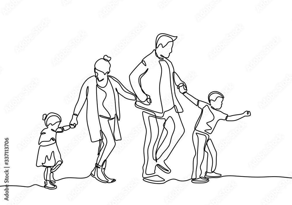 Wall mural Continuous line drawing of family members. Father, mother, daughter, and son holding hands together.