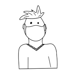 Man in medical mask in outline. Vector illustration in cartoon doodle style. Individual protection complex tool. Quarantine, self isolation, stay home. World coronavirus pandemic problem, leukemia.