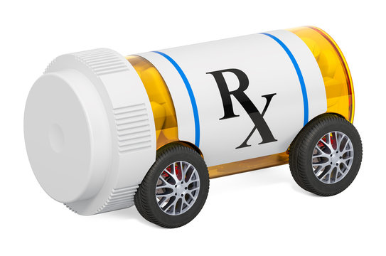 Drug delivery. Medical bottle with car wheels, 3D rendering