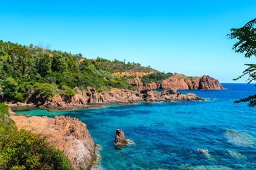 Beautiful famous view on cote d'azur, blue sky, sea. nearby Saint-Raphael, Frejus, France,  provence