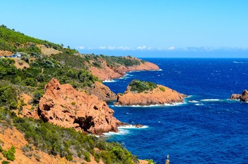 Beautiful famous view on cote d'azur, blue sky, sea. nearby Saint-Raphael, Frejus, France,  provence