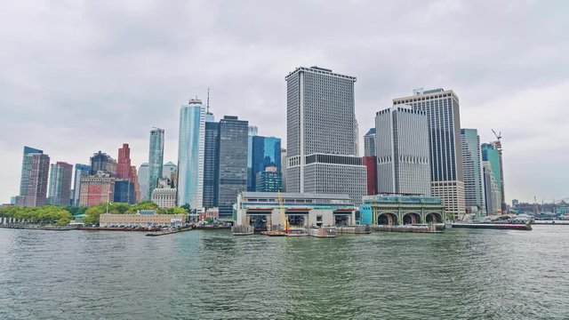 Slip 5 Battery Maritime Building BMB during the gloomy weather. A ferry terminal at South Ferry on the southern tip of Manhattan Island.