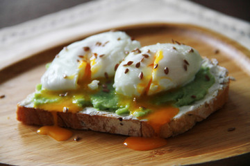 Breakfast with labne cheese avocado paste and poached egg on toast