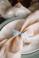 Special silk ribbon focus view on the plate with fabric cloth made of wool. Perfect props for table decoration. A decorative light peach color motif for wedding and other event.