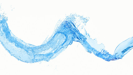 Blue water flow colored splashing isolated abstract on white background. Realistic splashes, aqua drops, liquid waves. 3D render illustration