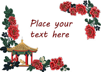 Horizontally oriented vector illustration. Postcard, background, slide. Image in the Asian style, a composition of a branch of peonies. There is a place where you can insert your text.