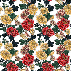 Vector seamless pattern. Image in Chinese style, red, yellow and pink peonies on a white background.
