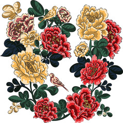 Vector illustration. Image in Asian style. A composition of peonies imitating traditional Chinese painting.