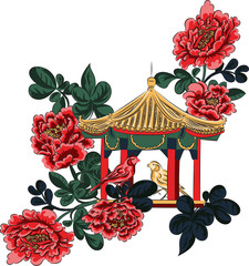 Vector illustration. Image in Asian style. A composition of peonies imitating traditional Chinese painting.