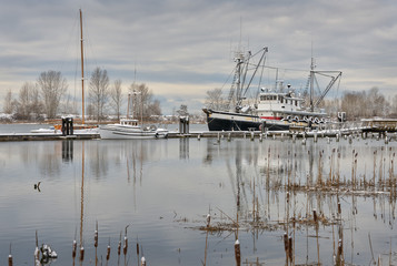 Britannia Shipyards Winter Snow Richmond. Winter snow at the historic Britannia Heritage shipyard on the banks of the Fraser River in Steveston, British Columbia, Canada.

