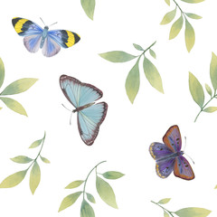 Beautiful butterflies on a background of green leaves. Watercolor butterflies fly. seamless pattern. Illustration for design. botanical art