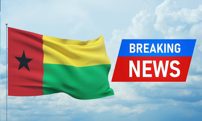 Breaking news. World news with backgorund waving national flag of Guinea-Bissau. 3D illustration.