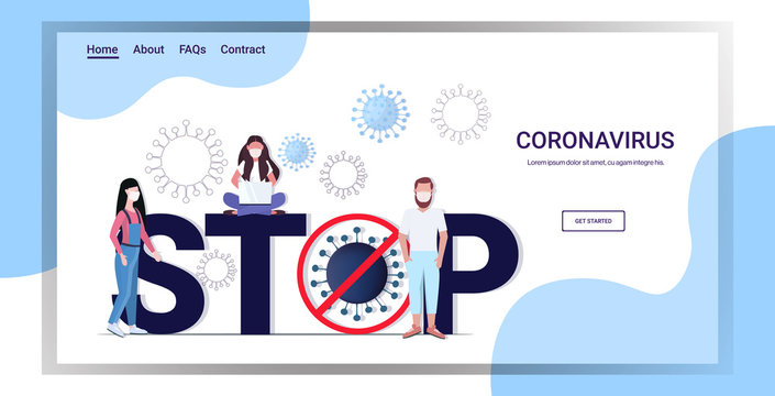 people in protective masks stop coronavirus pandemic quarantine concept spreading virus cells full length copy space horizontal vector illustration