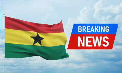 Breaking news. World news with backgorund waving national flag of Ghana. 3D illustration.