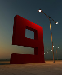 Red paint number 9. 3D render of big giant font on the street. Abstract architecture construction.